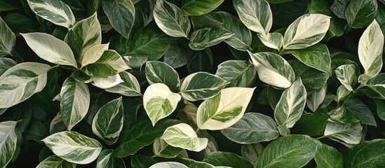 Poster - Variegated green and white leaves flat lay background design with natural foliage texture and Copy Space