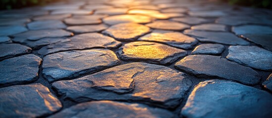 Aufkleber - Cobblestone pathway with warm lighting at sunset highlighting textured stones and creating a natural outdoor ambiance Copy Space