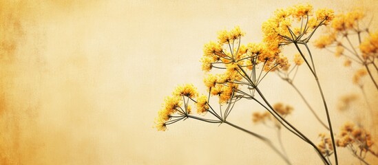 Poster - Yellow wildflowers on a blurred textured background with earthy tones and warm lighting, featuring Copy Space.