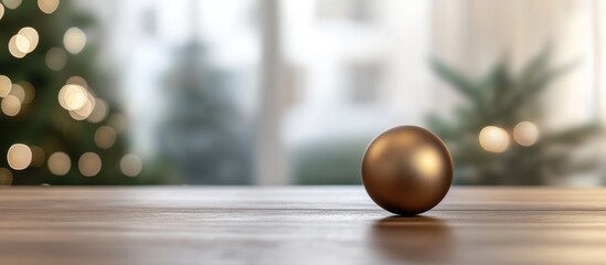 Poster - golden christmas tree ornament on wooden table with blurred festive background and copy space.