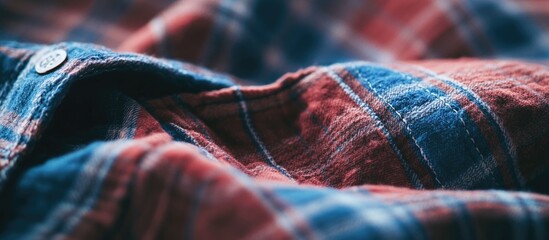 Sticker - Close-up of red and blue plaid flannel fabric showing texture and detail with button and folds Copy Space