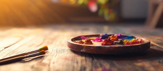 Aufkleber - Artistic palette with colorful paints and paintbrushes on wooden table in sunlight with soft bokeh background Copy Space