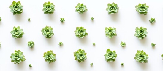Poster - Green succulent plants arranged in a flat lay pattern on a white background with ample copy space for text placement