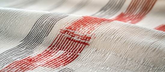 Sticker - Close-up of textured fabric with red and gray stripes on a light background featuring visible weaving patterns and details Copy Space