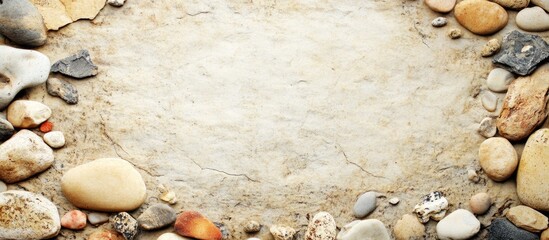 Aufkleber - Natural stone and pebbles border on textured surface with empty center for text or design Copy Space