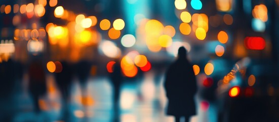 Aufkleber - Blurred night city street with silhouettes of people and bright bokeh lights in the background offering Copy Space for text