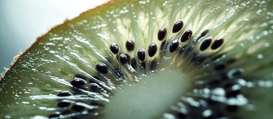 Aufkleber - Close-up of a sliced kiwi fruit revealing seeds and texture with soft focus background and copy space for text.