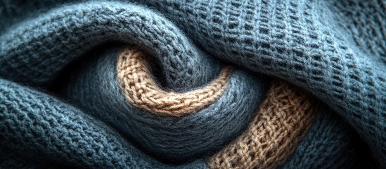 Aufkleber - Textured knitted wool fabric in blue and beige tones with spiral pattern and soft focus background Copy Space