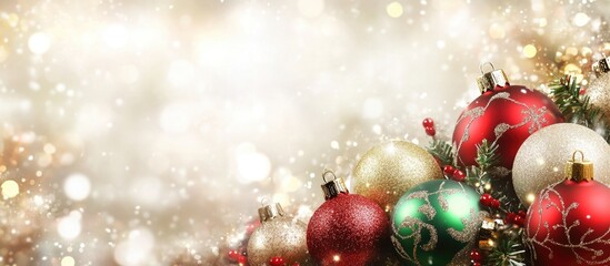 Aufkleber - Colorful Christmas ornaments on pine branches with bokeh background and copy space for holiday greeting text