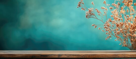 Poster - dry flowers on wooden surface with blurred teal background creating soft atmosphere copy space