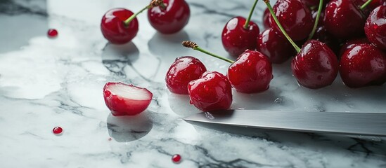 Aufkleber - Fresh cherries on a marble countertop with a knife and a cut cherry displaying juicy interior Copy Space