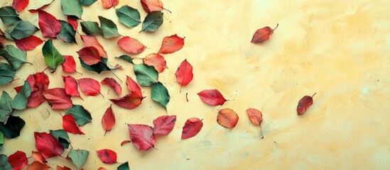Aufkleber - Colorful autumn leaves scattered on a yellow textured background with copy space for text placement