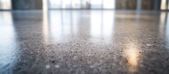 Poster - Smooth polished concrete floor with reflections and soft lighting in an indoor space, suitable for architectural and design themes. Copy Space