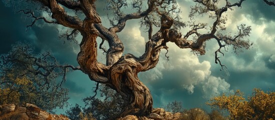 Poster - Ancient twisted tree with dramatic sky background showcasing intricate bark patterns and vibrant foliage Copy Space