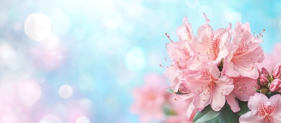 Poster - Pink azalea flowers with soft blurred blue background and bokeh lights Copy Space