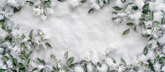 Aufkleber - Snowy background with green leaves and white flowers creating a natural frame for text Copy Space