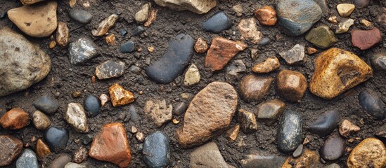 Poster - colorful gravel and stones background texture with dirt and soil in between, suitable for natural or