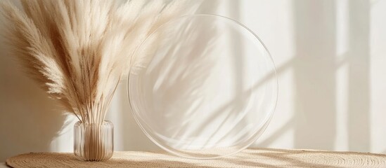 Aufkleber - Dried pampas grass in a glass vase with circular plate on a textured surface with natural light and shadows Copy Space