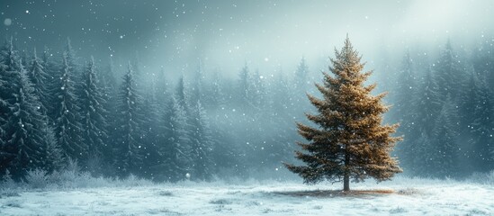 Poster - Winter landscape with a solitary evergreen tree surrounded by snowy forest and falling snowflakes Copy Space