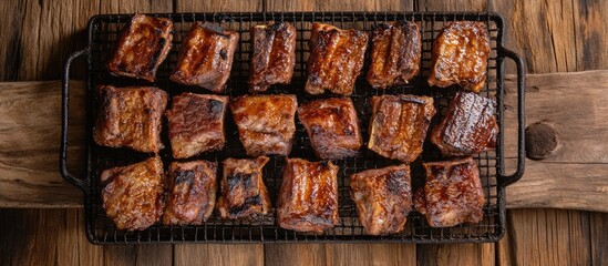 Poster - Grilled pork belly slices arranged on a wire rack over wooden background with rustic textures and warm tones Copy Space
