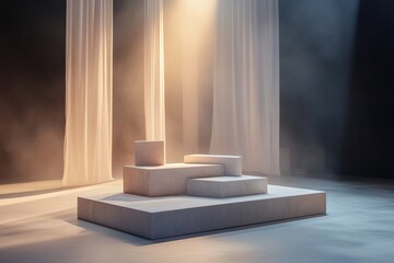 Poster - This setting features a minimalist black box stage where stark white light illuminates abstract shapes. The blurred shadows and muted tones evoke a sense of creative freedom and contemporary art