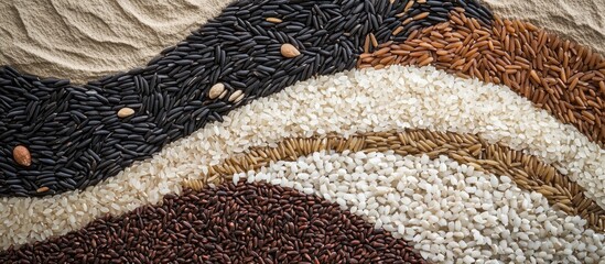 Aufkleber - Assorted grains and seeds organized in wavy patterns on textured fabric background with ample Copy Space for text placement