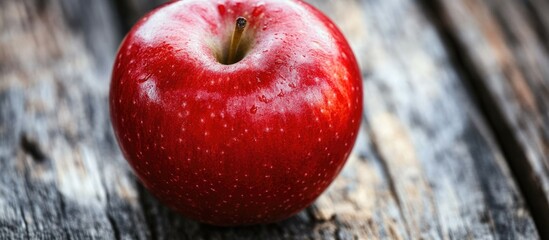 Aufkleber - Fresh red apple on rustic wooden table with natural textures and subtle water droplets Copy Space