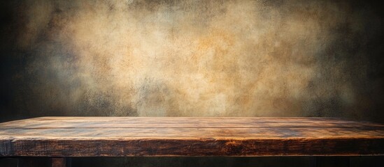 Poster - wooden table top with textured background in warm tones suitable for product display and copy space.