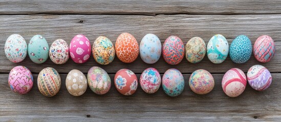 Aufkleber - Decoratively painted Easter eggs arranged on wooden surface with various colors and patterns Copy Space