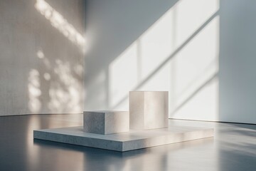 Poster - the black box stage features two abstract shapes illuminated by strong white light. blurred shadows 