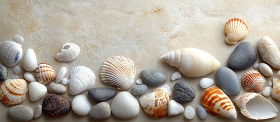 Aufkleber - Colorful seashells and smooth pebbles arranged on sandy background with ample Copy Space for text or graphics