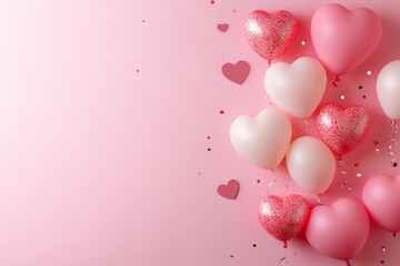 Wall Mural - Valentine banner template on pastel pink background with symbol of heart balloons and confetti. Valentine's 