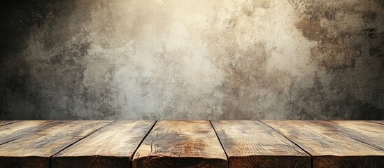 Poster - wooden tabletop with textured gray wall in the background suitable for presentation or display purpo