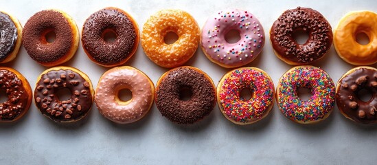 Poster - Assorted donuts arranged in a row featuring various toppings and flavors on a light background with Copy Space.