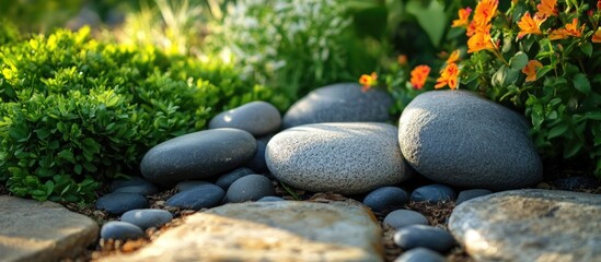 Poster - Decorative stone pathway surrounded by green plants and colorful flowers in a serene garden setting with natural lighting and Copy Space