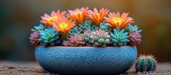 Poster - Colorful succulent arrangement with blooming flowers in a textured blue pot close up on a blurred background Copy Space