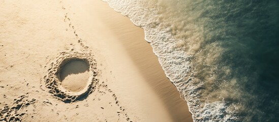Aufkleber - Aerial view of sandy beach with circular sandcastle and wave patterns with footprints on the shore Copy Space