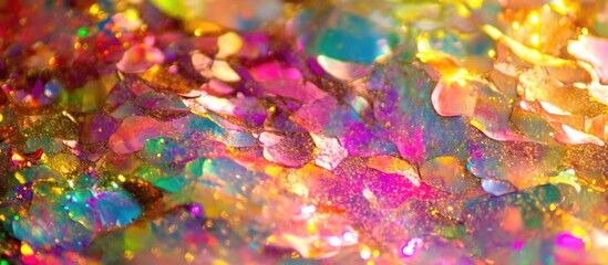 Poster - Colorful abstract background of shimmering iridescent textures in bright hues of pink, blue, green, and gold with deep bokeh effect. Copy Space