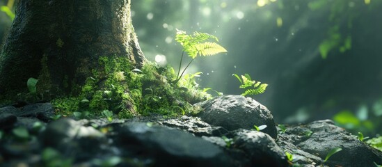 Lush forest floor with green ferns and moss around rocks illuminated by soft light in a natural setting with copy space