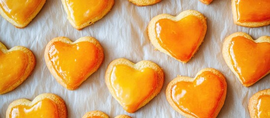 Poster - Heart-shaped cookies with glossy yellow glaze on parchment paper background suitable for food photography and desserts with Copy Space