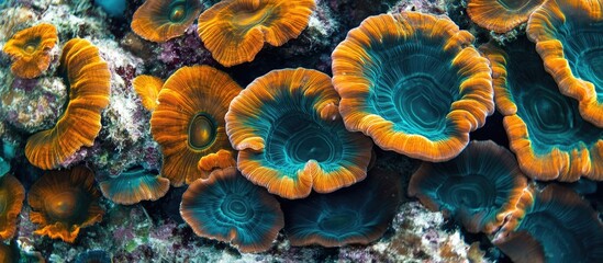 Poster - Vibrant coral reef with blue and orange mushrooms underwater showcasing texture and intricate details, ideal for marine life themes Copy Space