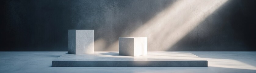 Poster - This space showcases a black box stage with two abstract shapes bathed in stark white light. The environment suggests creative freedom with blurred shadows enhancing modern aesthetics