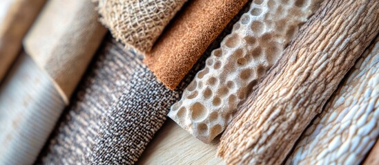 Aufkleber - Textured fabric samples in various neutral tones displayed in a row on a wooden surface with Copy Space for design purposes