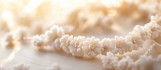 Aufkleber - Floral decorative headband made of delicate white flowers with soft lighting on a wooden surface Copy Space