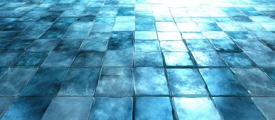 Poster - Ice textured floor tiles with reflections and light patterns, suitable for backgrounds and design, Copy Space available