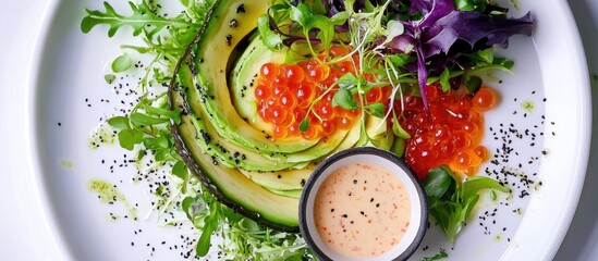 Aufkleber - Fresh avocado and salmon roe salad with microgreens, dressing in bowl, served on white plate, colorful arrangement, Copy Space.