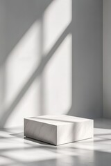 Poster - A black box stage features stark white light emphasizing abstract shapes and modular props. Blurred shadows and muted tones evoke a sense of creative freedom and modern design