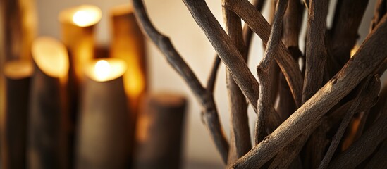 Aufkleber - Decorative twigs and candle holders arranged in a cozy interior setting with warm lighting and blurred background elements Copy Space