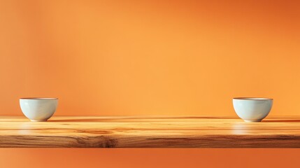 Wall Mural - Minimalist arrangement of two ceramic bowls on wooden shelf against vibrant orange background with ample copy space for text.