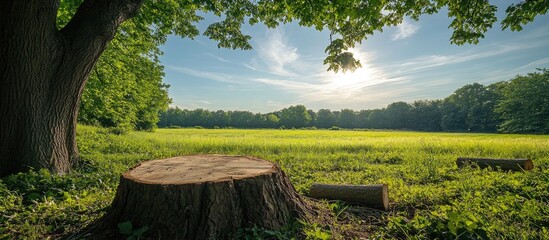 Poster - Tree stump in lush green field under blue sky with sun shining and scattered clouds in background Copy Space